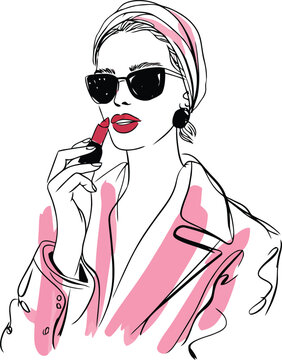 Woman applying red lipstick vector illustration