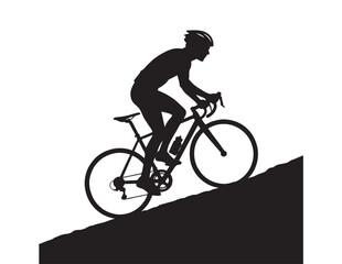 Obraz premium Dynamic cyclist silhouette vector, uphill road bike rider, athletic sport activity, black and white graphic for fitness and outdoor recreation designs.