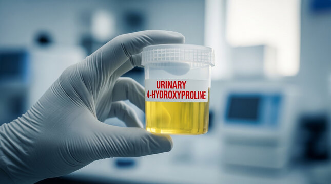 Medical professional in nitrile gloves holding clear plastic urine sample container with label urinary 4 hydroxyproline against out of focus laboratory background in clinical setting.
