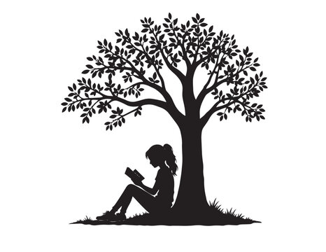 Serene silhouette of a young woman reading under a lush tree, peaceful nature scene, black and white vector illustration for education and relaxation concepts.