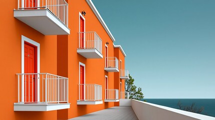 Fototapeta premium Modern orange building with white balconies and doors overlooking the ocean, featuring a clear blue sky and a spacious terrace in the foreground