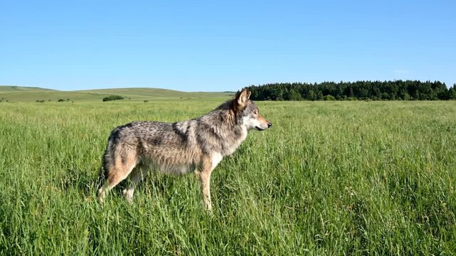 A wild gray wolf is shown in a sequence of actions in a vast green field. The predator forages for food then stands alert watching its surroundings. Natural animal behavior