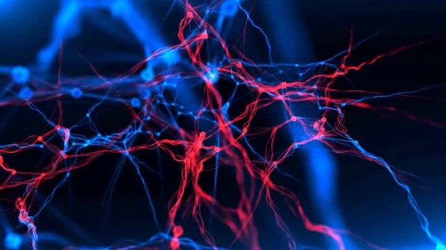 Slow motion tracking pan of neural network fibers pulsing and intertwining while transmitting signals in dark abstract digital space with blue and red glowing strands
