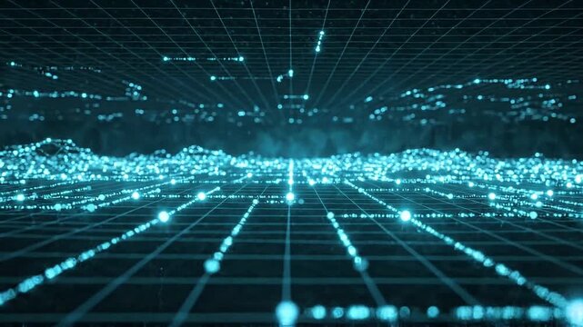 Abstract digital landscape with glowing blue data nodes and grid lines representing network connectivity and information flow in cyberspace