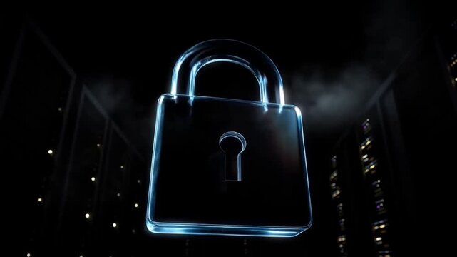 Slow motion tracking shot of glowing padlock sparking and unlocking in dark data center server room with smoke