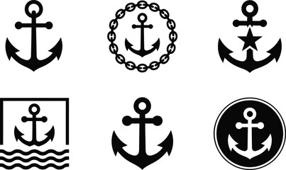 A set of six minimalist nautical anchor icons for maritime design and ocean travel themes © KhadizaAkter