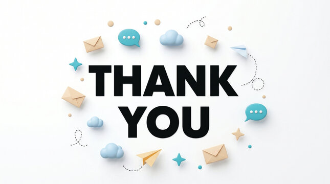 Modern thank you greeting design with 3d rendered clay style icons and floating elements for social media marketing and client appreciation on clean white backdrop background image.