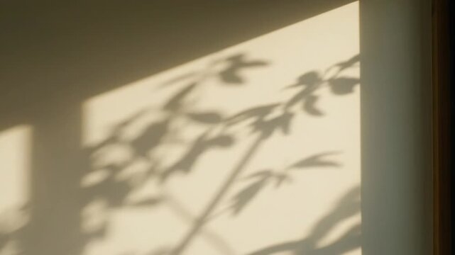 Shadow of plant leaves on a wall in morning sunlight. Abstract natural background for calm and relaxation concepts. Minimalist aesthetic overlay with soft focus and warm light