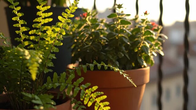 Lush green fern leaves in a terracotta pot backlit by the warm evening sun. Urban gardening concept with houseplants on a city balcony for a peaceful home environment