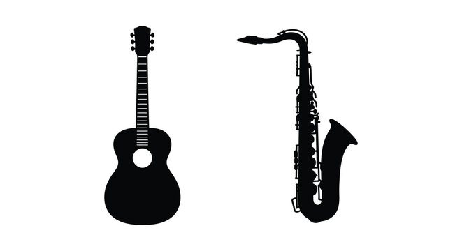 guitar and saxophone silhouettes on white background silhouette