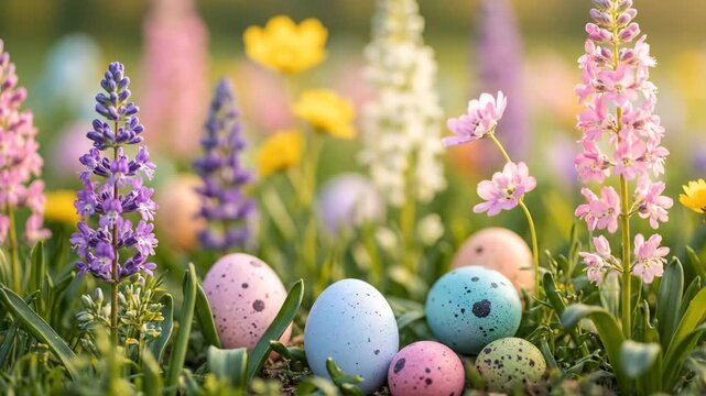 Festive easter banner with colorful decorated eggs nestled in a vibrant spring meadow. Beautiful blooming wildflowers and hyacinths create a cheerful holiday background