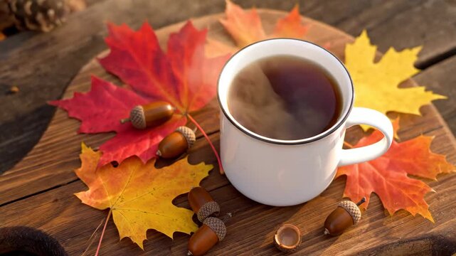 Warm cup of steaming tea on a rustic wood background with autumn decorations. Seasonal still life concept with colorful maple leaves and acorns for a cozy fall atmosphere