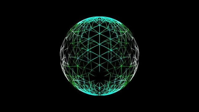 Abstract 3D Geosphere Mesh with Glowing Green and Blue Grid Lines on Black background. Futuristic Digital Technology Sphere Representing Global Network Connections and Big Data