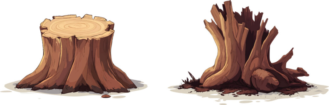 a cartoon tree stump with the bark being cut off and laying on the ground, on a transparent background