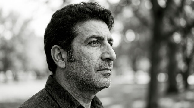 Black and white close up portrait of middle aged man, serious and thoughtful, profile view, Middle Eastern origin, blurred background, dramatic, emotional.