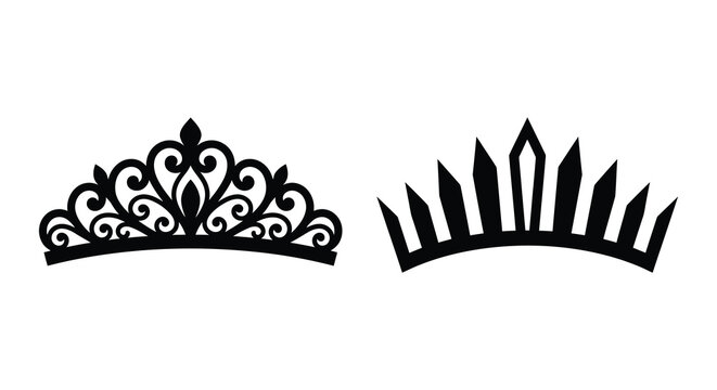ornate tiara and crown silhouettes on white background silhouette