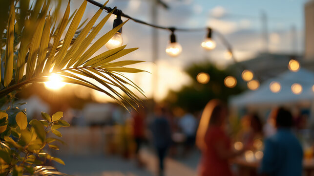 Vibrant Miami Carnival celebration with people dancing under string lights near palm trees