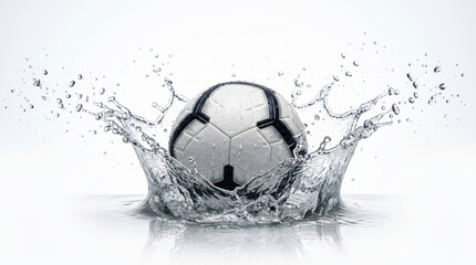 Naklejka premium Soccer ball splashing into water creating a dynamic liquid crown effect