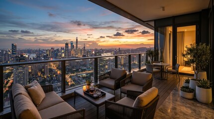 Fototapeta premium High rise balcony with outdoor seating and low tables facing illuminated cityscape during twilight