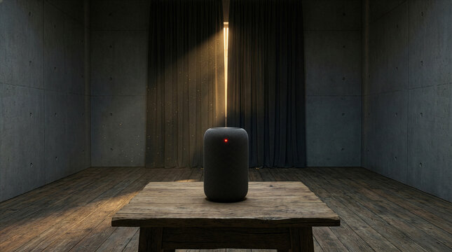 Smart speaker with red light on wooden table in dark concrete room