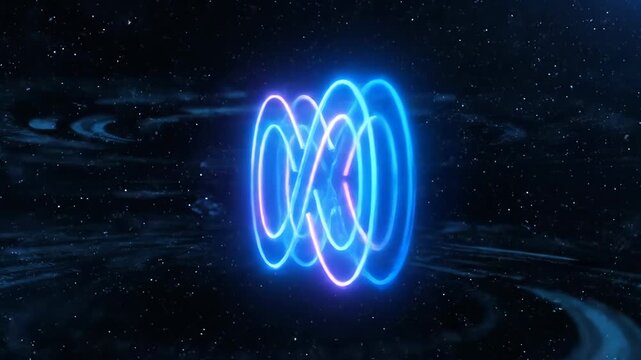 Futuristic neon infinity symbol with dynamic light trails in outer space. Abstract concept representing an endless loop and the digital metaverse. Glowing blue and purple energy animation