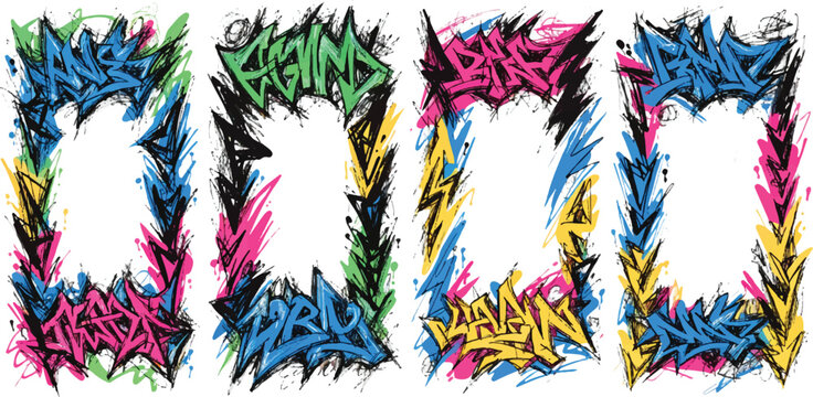 Grunge color frame templates with scribbles, aerosol paint, and ink drips. Set of graffiti spray art layout backgrounds with abstract street art elements. vector eps