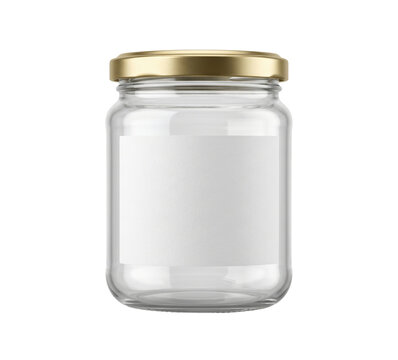 Empty glass jar with blank label and gold lid