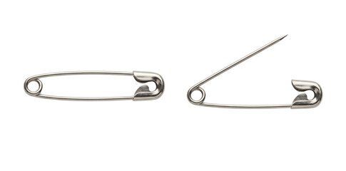 Open and closed silver metallic safety pins side by side