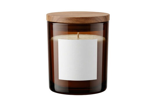 Scented candle in amber glass jar with wooden lid