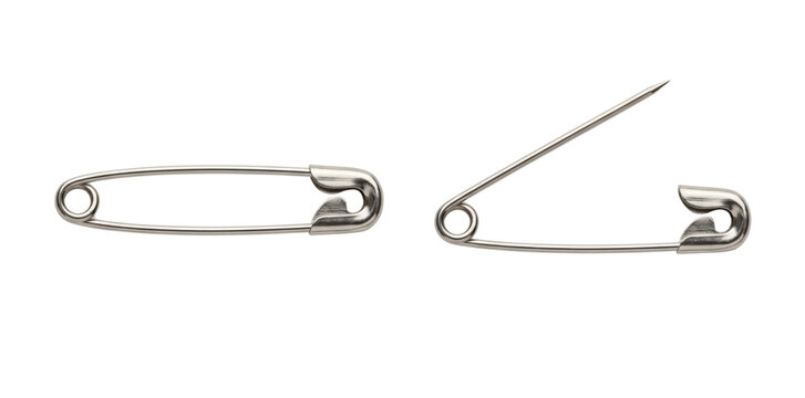 Open and closed silver metallic safety pins side by side