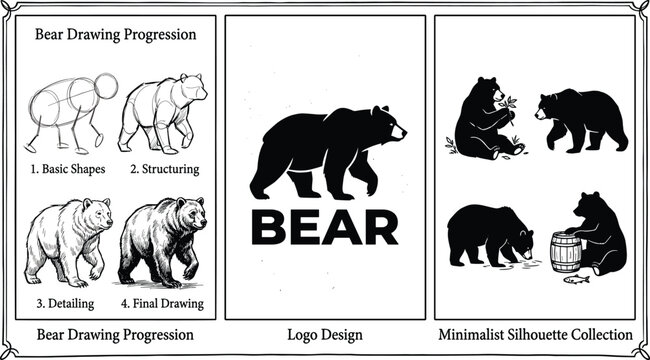 Bear drawing progression, logo design, and minimalist silhouette collection for wildlife art and creative projects