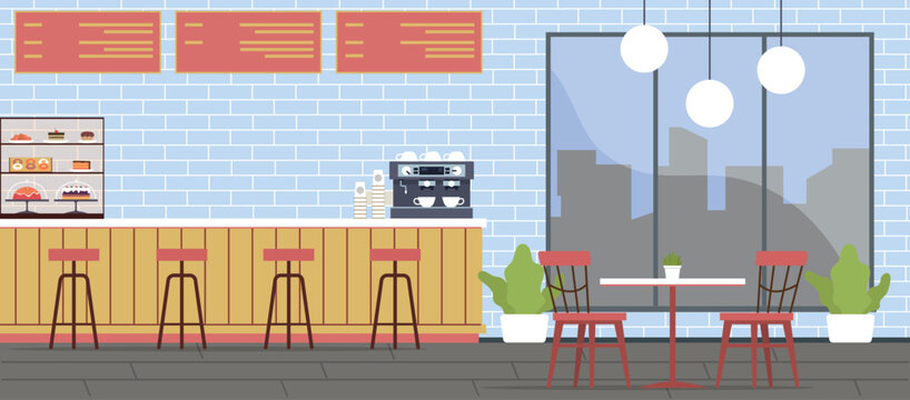 Modern cafe interior with counter bar, stools, and dining table illustration