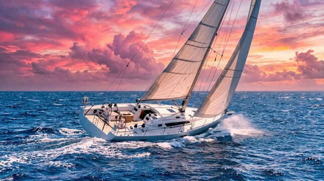 Sailboat heeling through choppy ocean waters at vibrant sunset with colorful clouds and windblown sails near open horizon