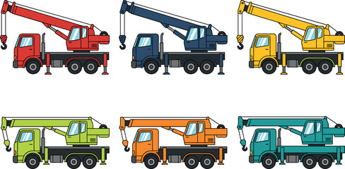 Mobile Crane Truck Vector Collection with Heavy Construction Vehicles, Hydraulic Boom Equipment, and Industrial Lifting Machine Illustrations © Mdsahidul