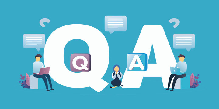 qa letters with people using laptops on blue background