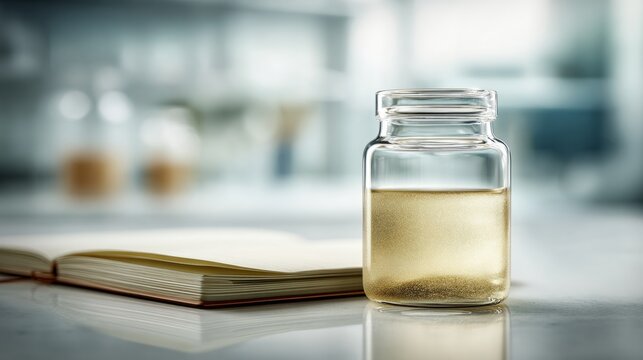 Microplastic Water Sample Jar with Filter Paper and Lab Notebook in Laboratory