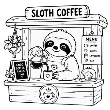 Cute cartoon sloth barista serving hot coffee at a wooden cafe stand, children coloring page outline illustration.