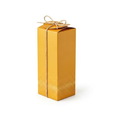 Golden gift box tied with string on white surface