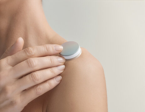Hand touching glucose monitoring patch on the shoulder of a woman, close-up shot for diabetes management and wireless health technology concept