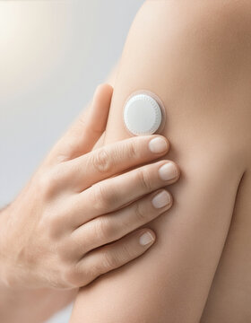 Hand touching glucose monitoring sensor on the back of an upper arm, vertical close-up shot for diabetes management concept