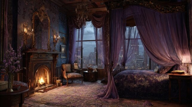 Luxurious gothic bedroom interior with elegant purple canopy bed and glowing stone fireplace, vintage room featuring large windows overlooking a rainy dark moody city night skyline background