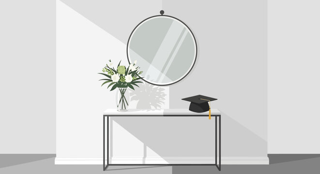 Graduation Cap and Flowers on Console Table with Mirror, Modern Interior Design