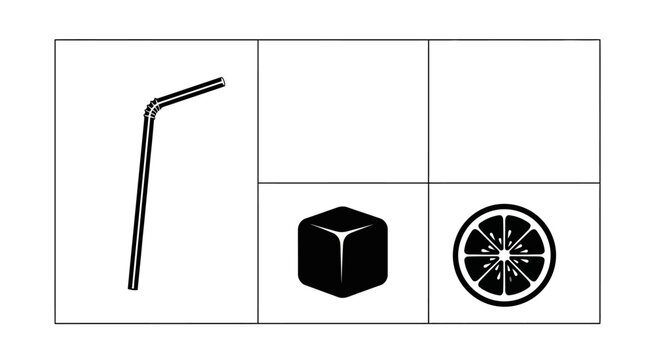 Drinking Straw, Ice Cube, and Citrus Slice Icons - Minimalist Design