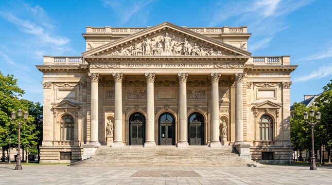 Museum building facade featuring carved pediment and columns facing wide stone steps in clear daytime urban square