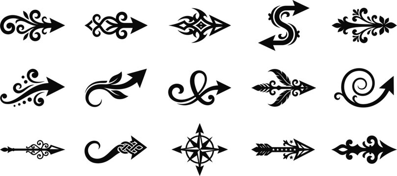 Collection of 15 unique silhouette arrow icons with ornate designs and various styles for decorative use
