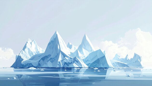 Jagged, crystalline ice formations rise from calm, reflective arctic waters