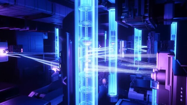 Tracking shot of glowing energy beams streaming and pulsing through futuristic laboratory with vertical neon reactors and illuminated conduit corridors in interior facility