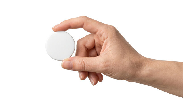 White circular pill held in hand, person holding round medical tablet, close up of hand with medicine supplement for healthcare and wellness isolated PNG with Transparent Background