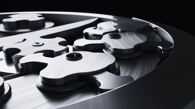 Tracking shot of mechanical watch gears rotating and engaging within metal movement close up in studio lighting