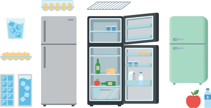 Modern Refrigerator Collection with Open Fridge Interior, Ice Cubes, Frozen Storage, Retro Fridge, and Kitchen Cooling Appliances Vector Illustration